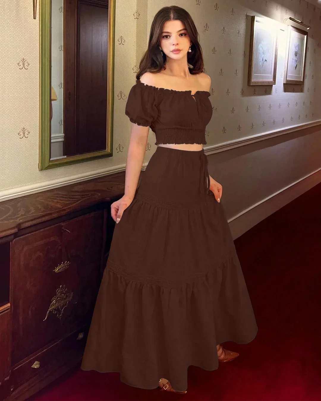 Off-Shoulder Puff Sleeve Slim Fit Top and A-Line Solid Skirt Set in Chocolate - Image 4