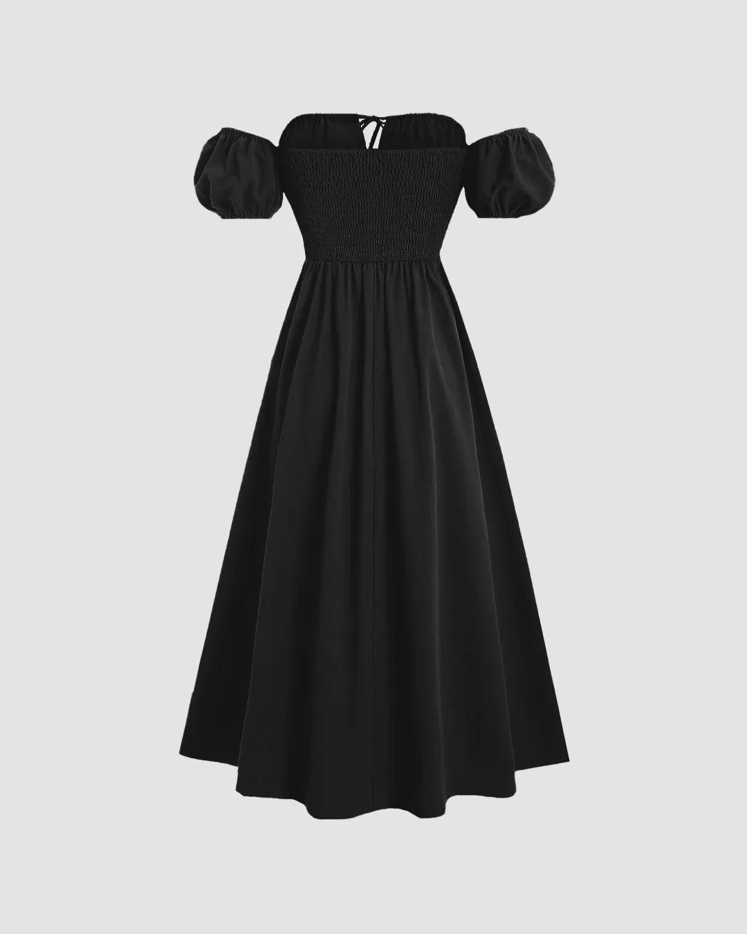 Off-Shoulder Puff Sleeve Solid Color Cinched Maxi Dress In Black - Image 2