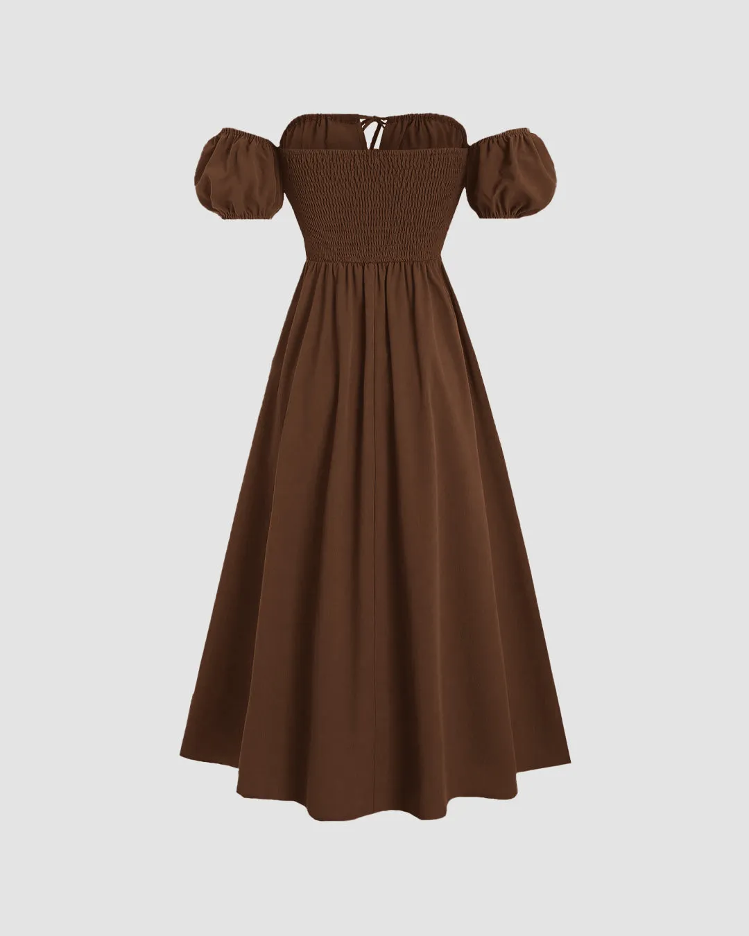 Off-Shoulder Puff Sleeve Solid Color Cinched Maxi Dress In English Brown - Image 2