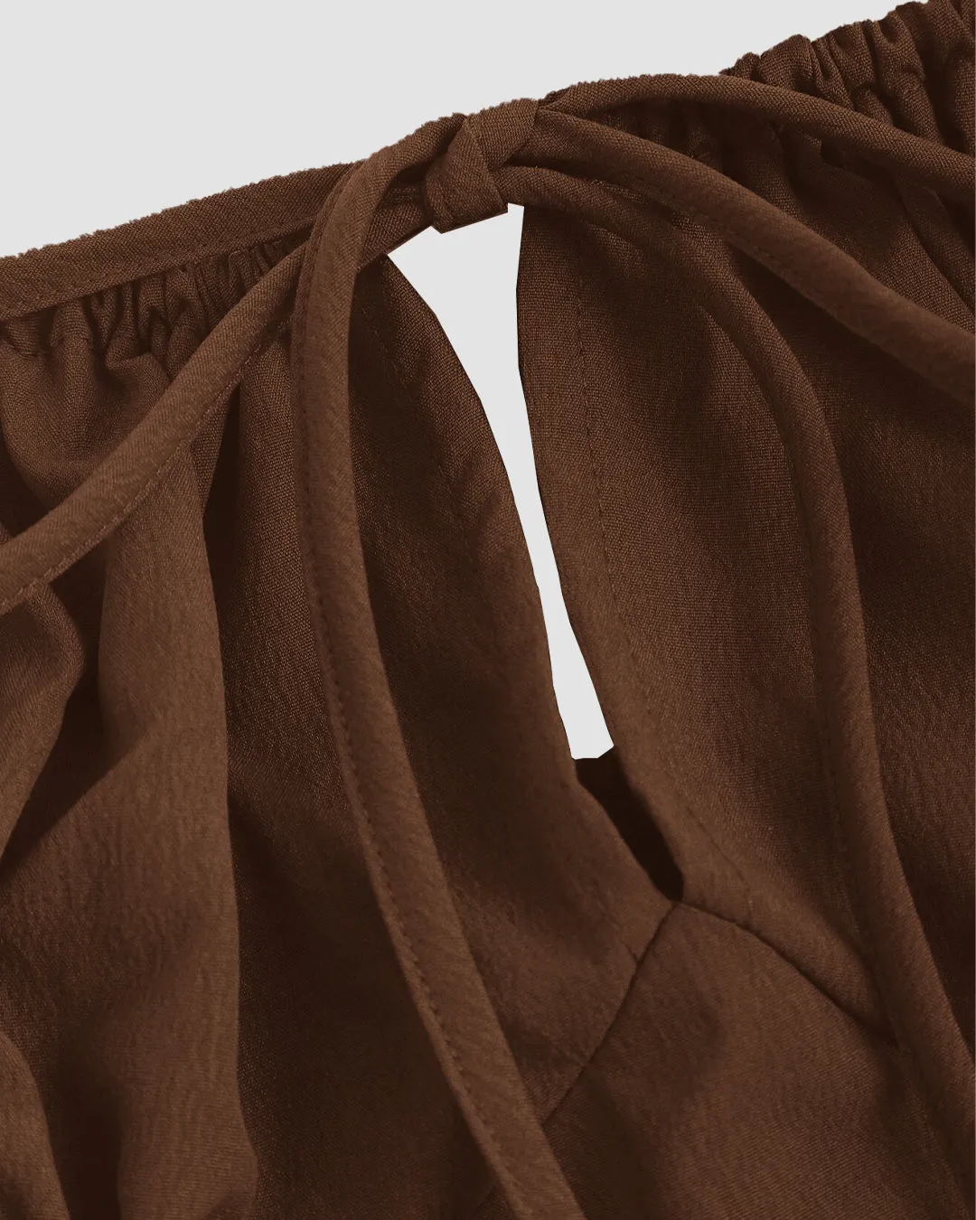 Off-Shoulder Puff Sleeve Solid Color Cinched Maxi Dress In English Brown - Image 3