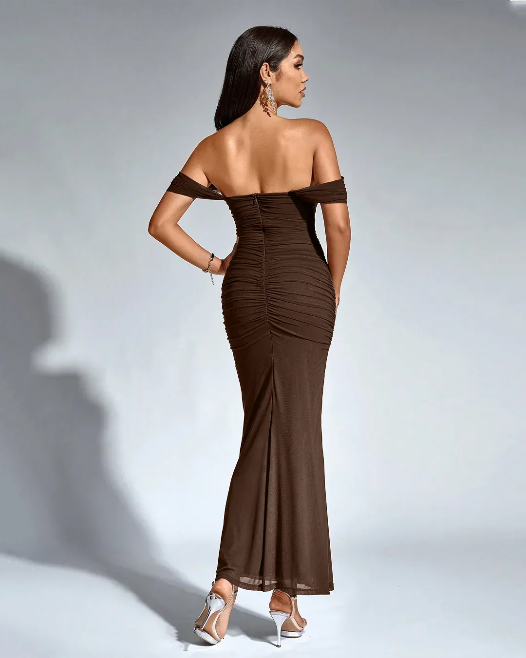 Off-Shoulder Ruched Bodycon Straight Hem Solid Sleeveless Maxi Dress in Coco - Image 2