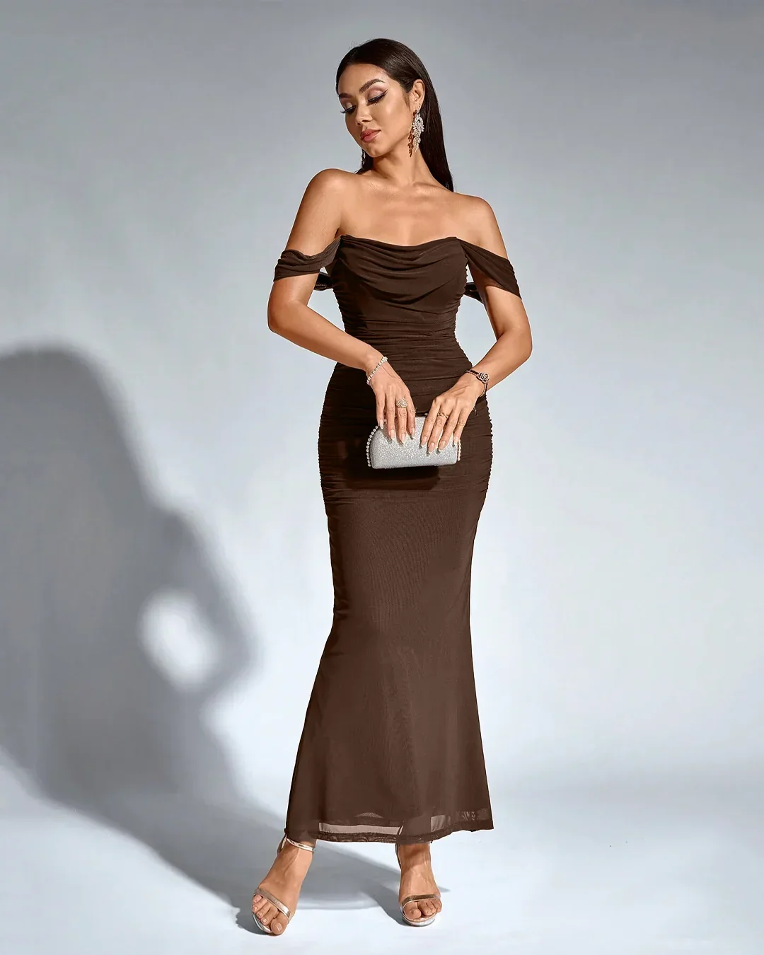 Off-Shoulder Ruched Bodycon Straight Hem Solid Sleeveless Maxi Dress in Coco - Image 3