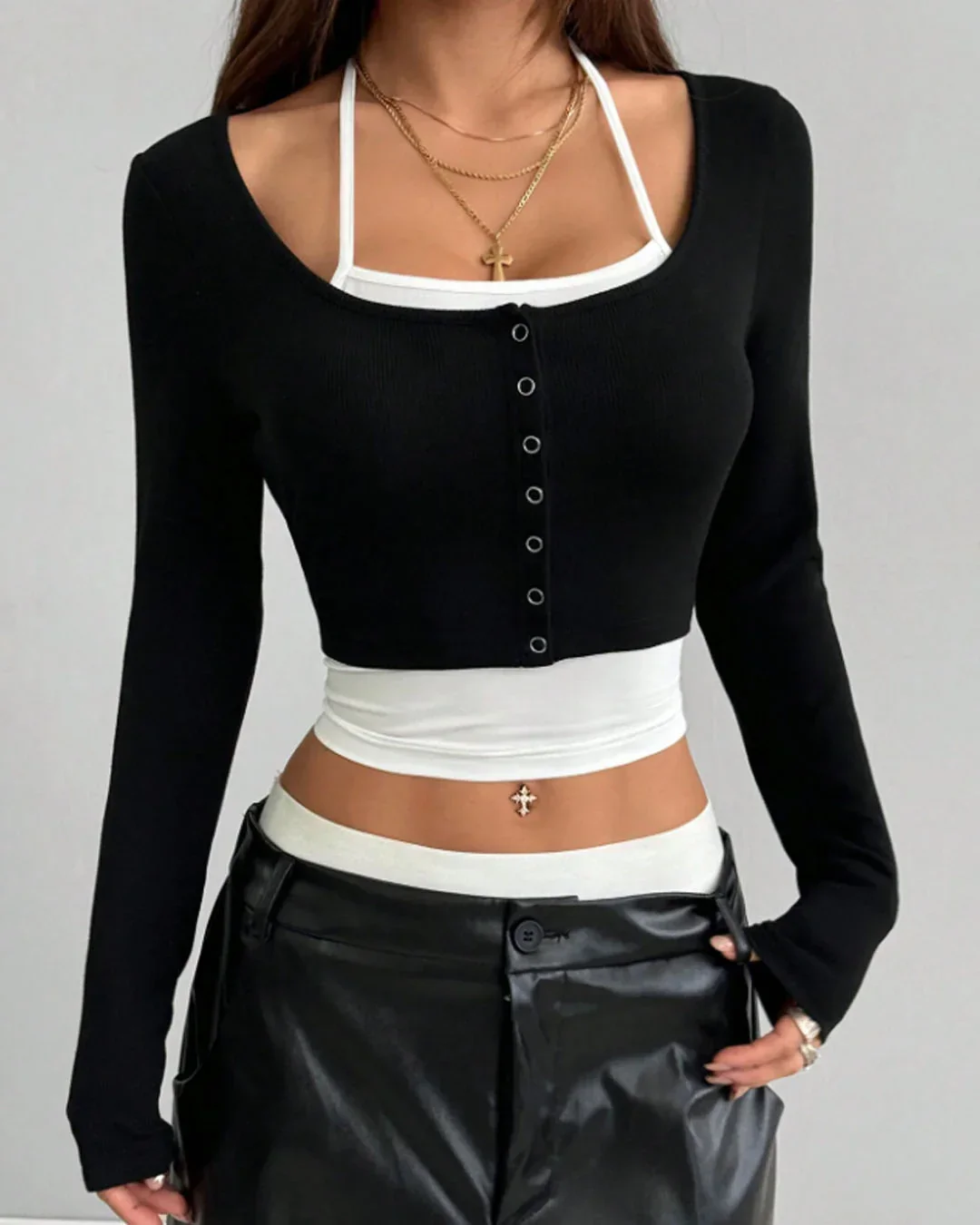 Off-Shoulder Ruched Crop Top with Layered Camisole Two-In-One Top in Black - Image 2