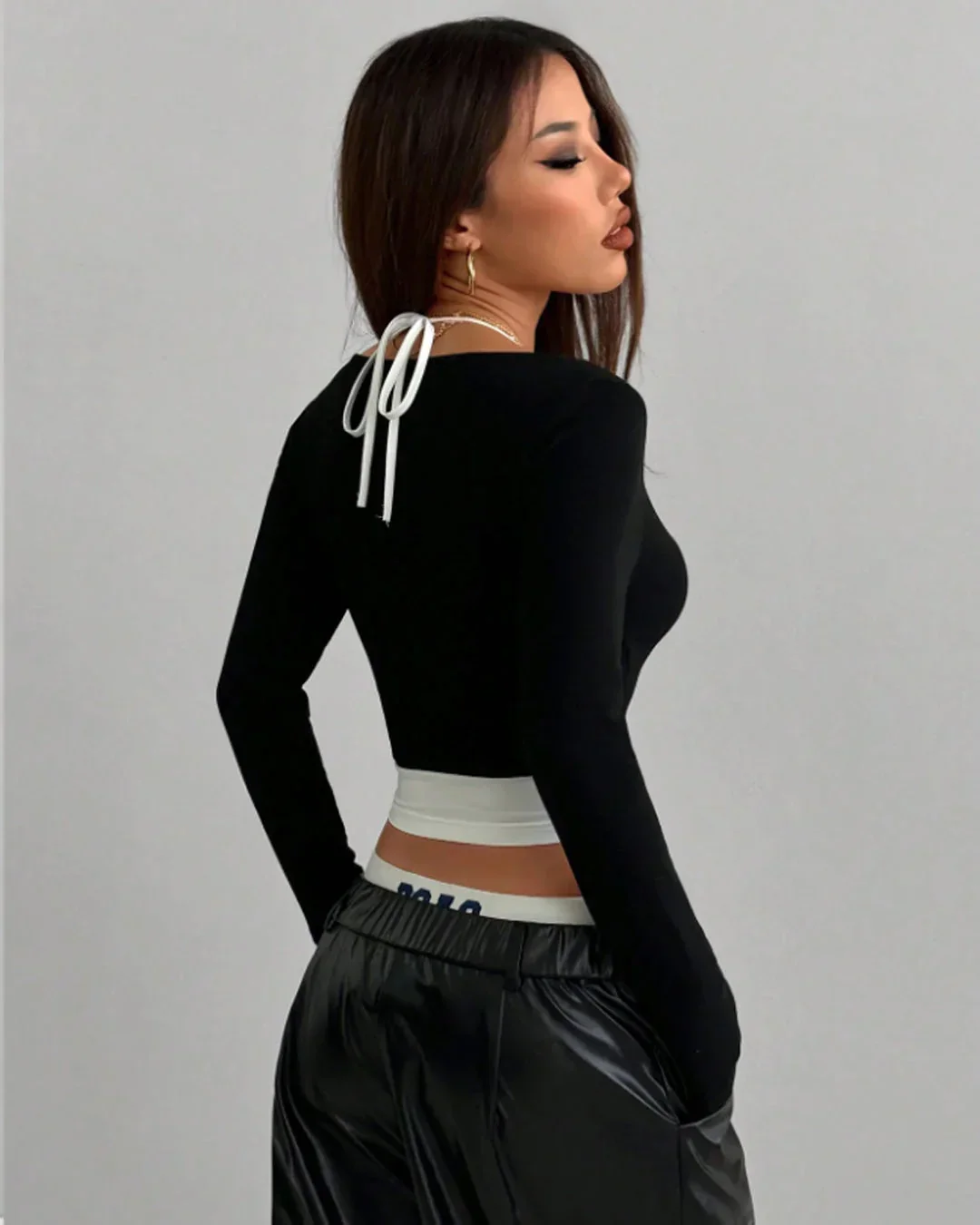 Off-Shoulder Ruched Crop Top with Layered Camisole Two-In-One Top in Black - Image 3