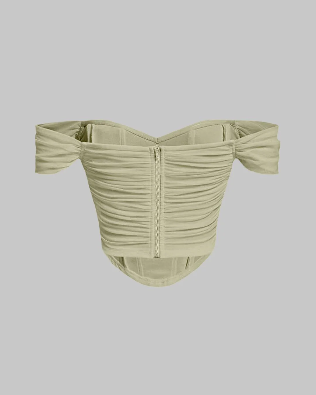 Off Shoulder Ruched Textured Solid Crop Top in Green - Image 3