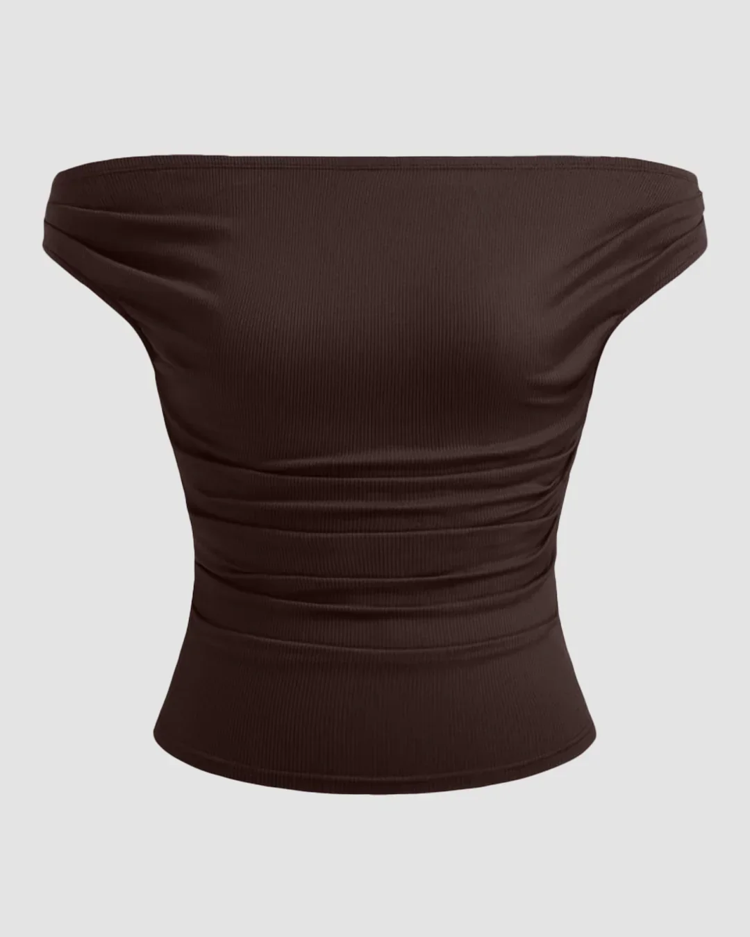 Off-shoulder Ruched Short Sleeve Top in Chocolate - Image 2