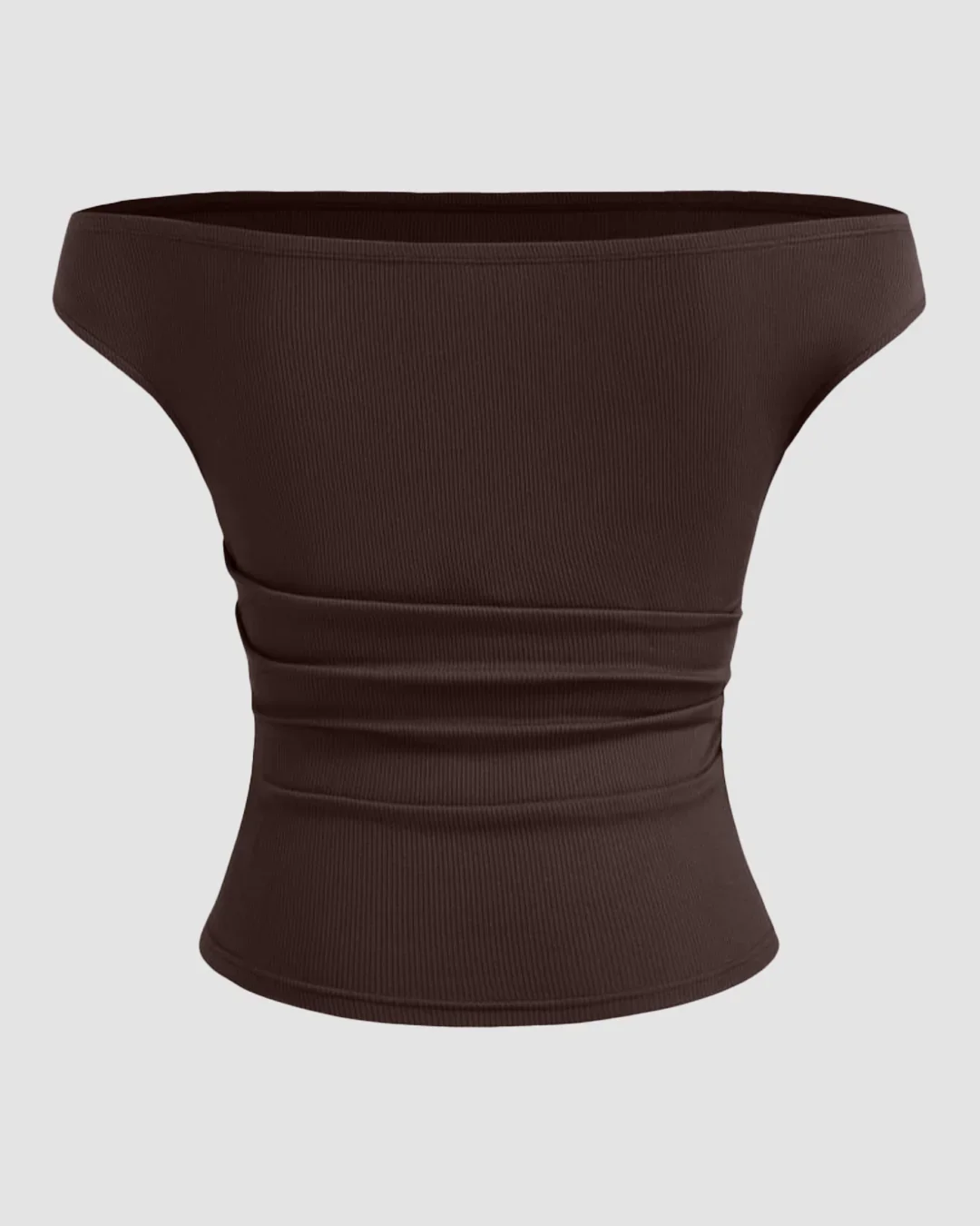 Off-shoulder Ruched Short Sleeve Top in Chocolate - Image 3