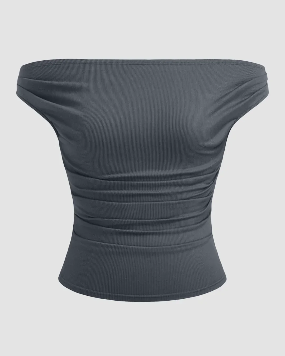 Off-shoulder Ruched Short Sleeve Top in Dark Grey - Image 2