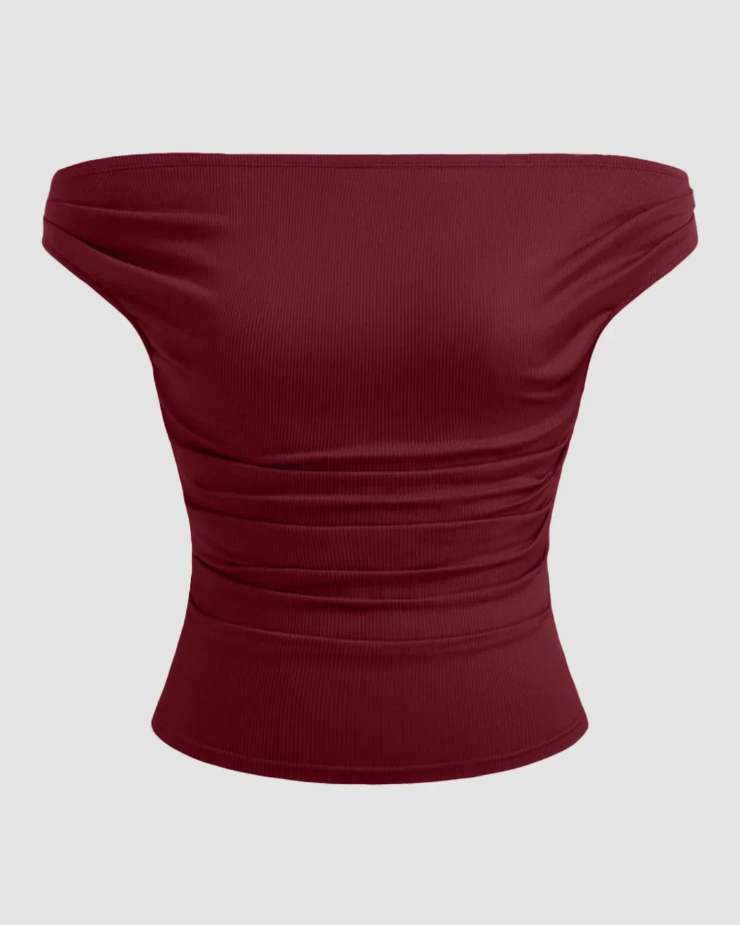 Off-shoulder Ruched Short Sleeve Top in Maroon - Image 2
