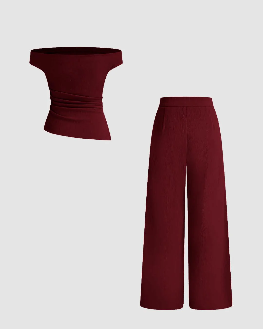 Off-Shoulder Ruched Top With Mid-Rise Straight Leg Trousers in Maroon - Image 3