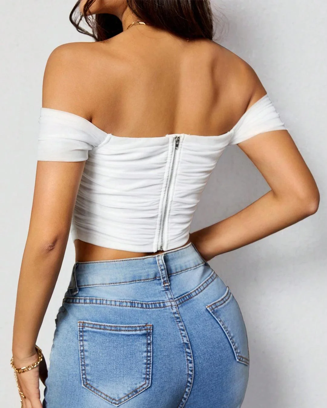 Off Shoulder Ruched White Mesh Top - Image 3