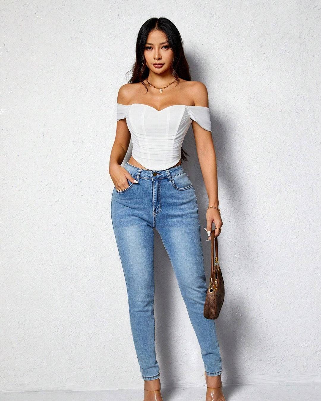 Off Shoulder Ruched White Mesh Top - Image 4