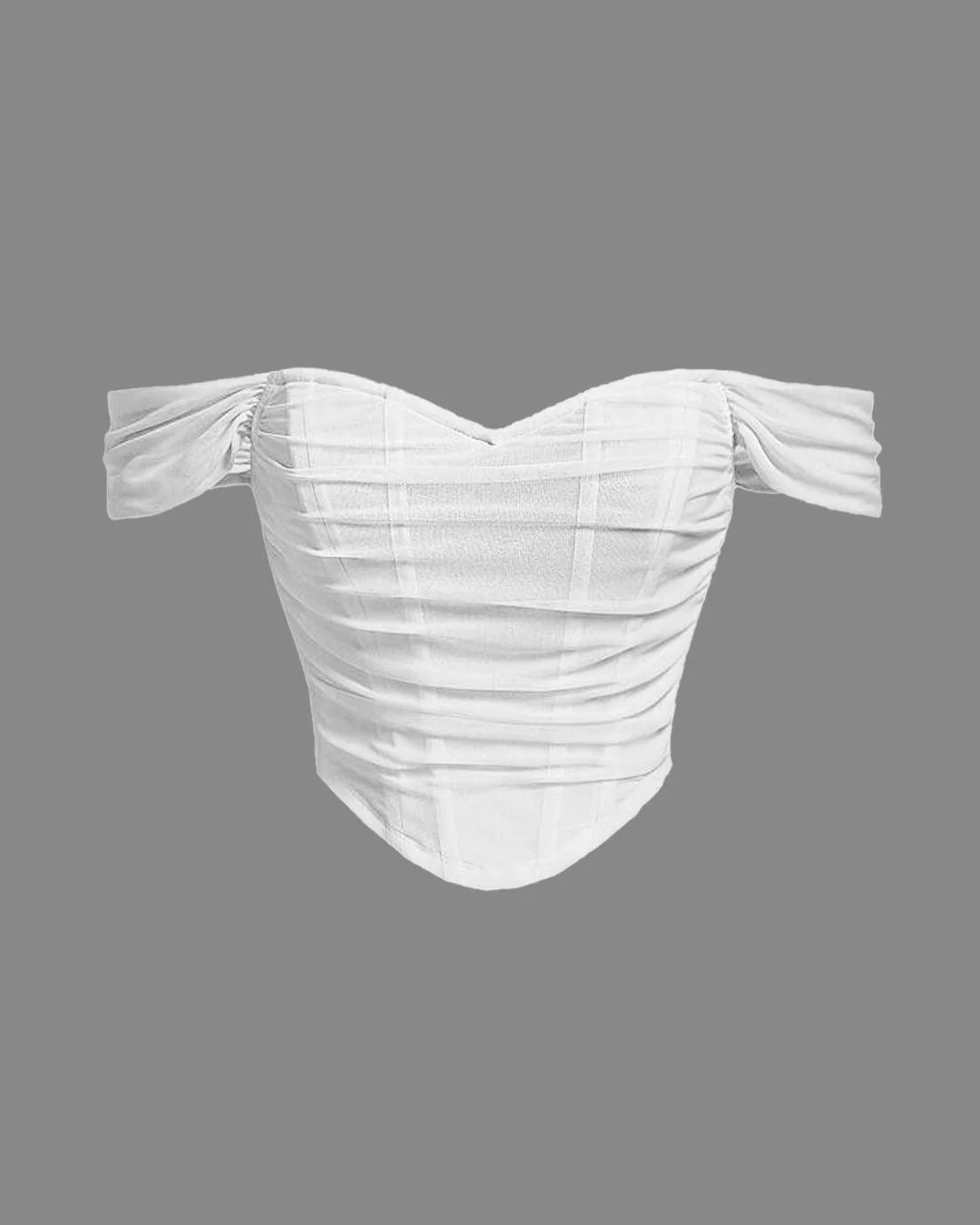 Off Shoulder Ruched White Mesh Top - Image 5