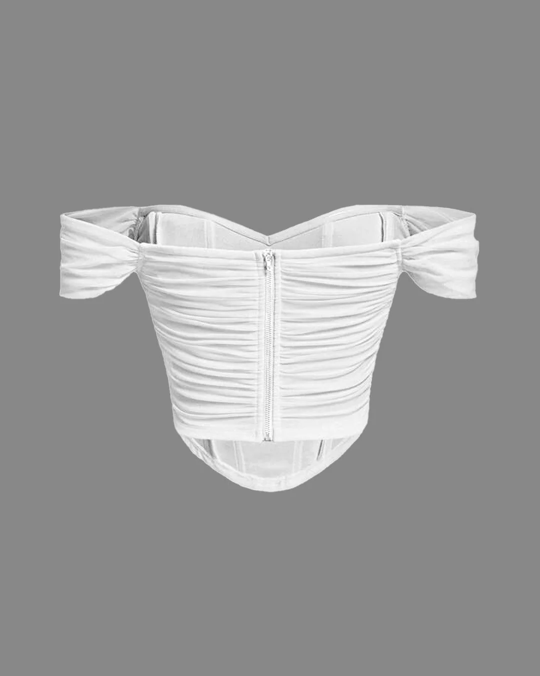Off Shoulder Ruched White Mesh Top - Image 6