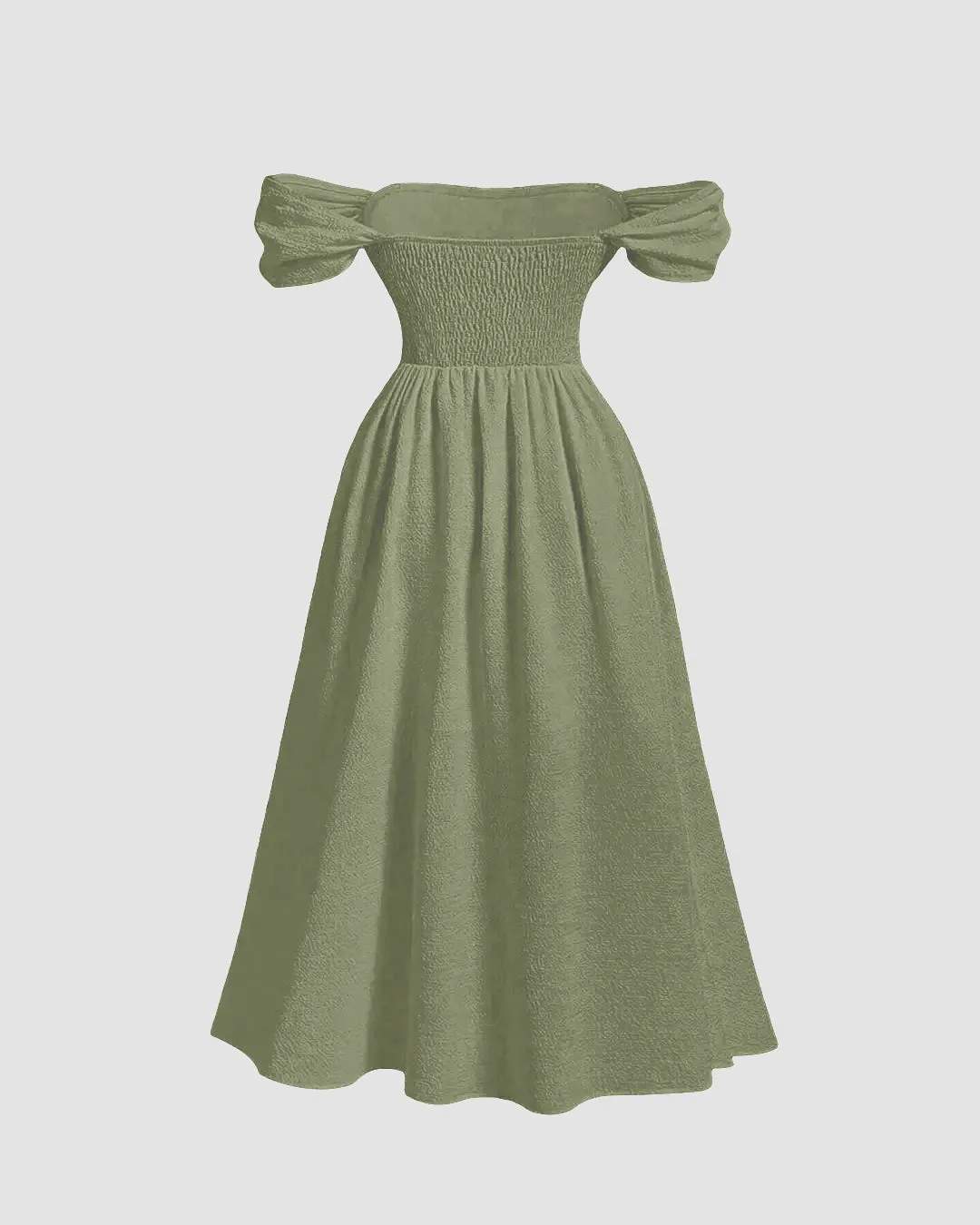 Off-Shoulder Ruffled Midi Dress with Puffed Sleeves In Herbal Green - Image 2