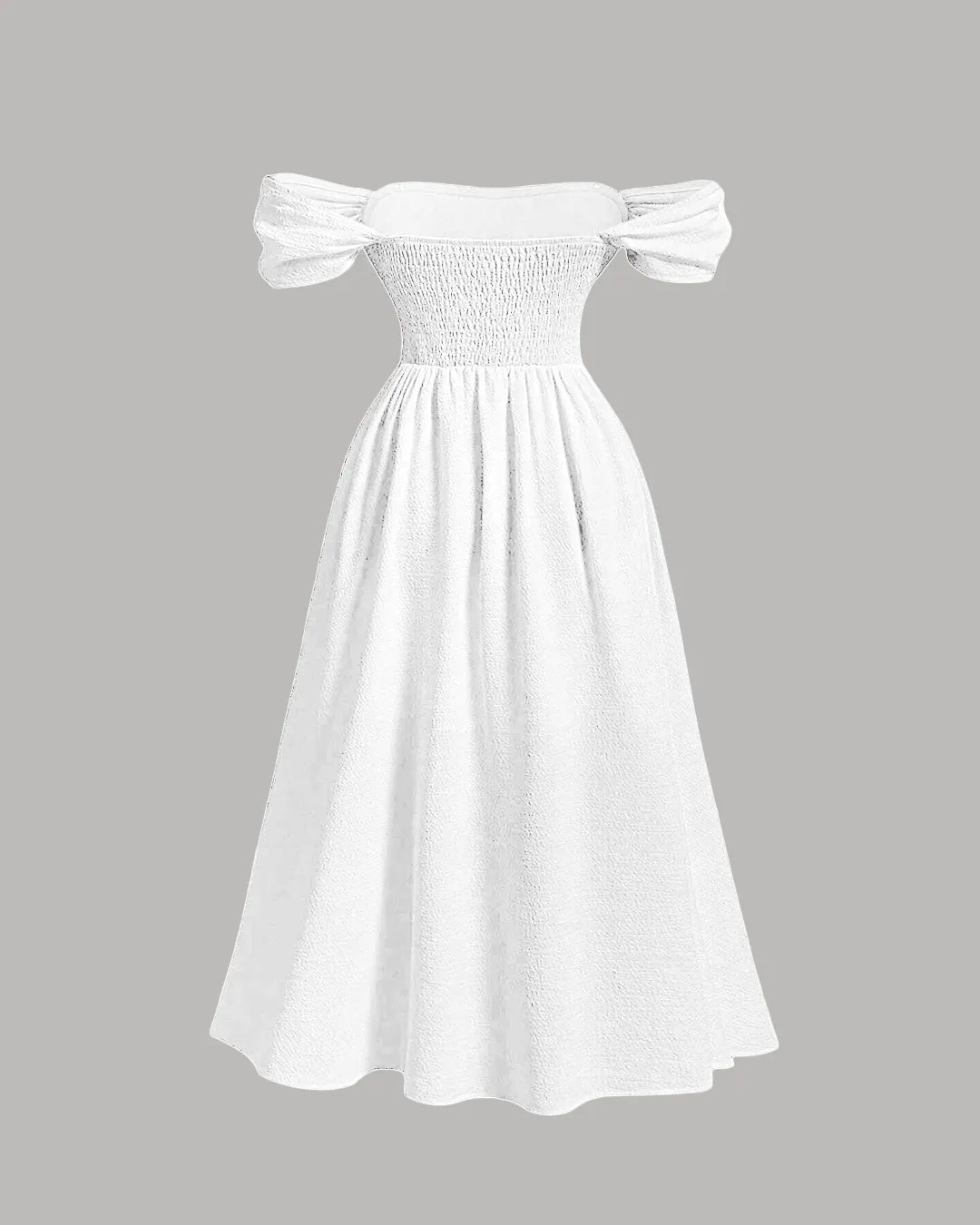 Off-Shoulder Ruffled Midi Dress with Puffed Sleeves In Off - White - Image 2