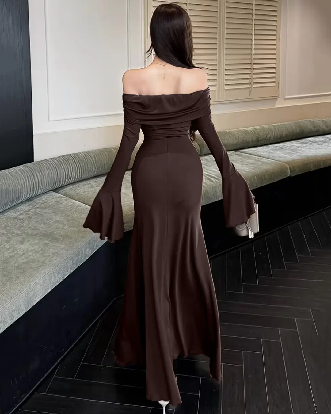 Off-Shoulder Slim Fit Mermaid Hem Solid Trumpet Sleeve Maxi Dress in Coffee - Image 2
