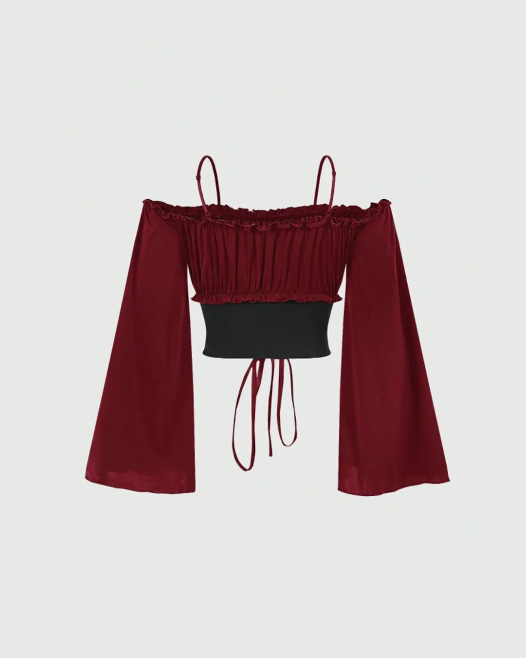 Off-Shoulder Slim Fit Solid Bell Sleeve Crop Top in Burgundy - Image 2