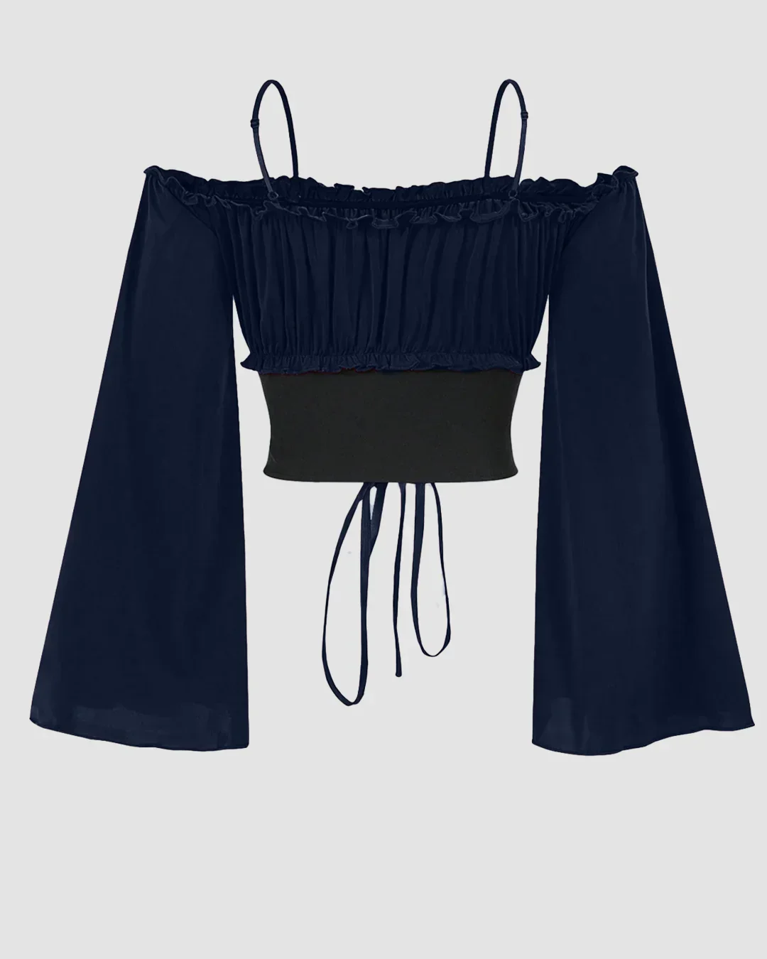 Off-Shoulder Slim Fit Solid Bell Sleeve Crop Top in Navy Blue - Image 2