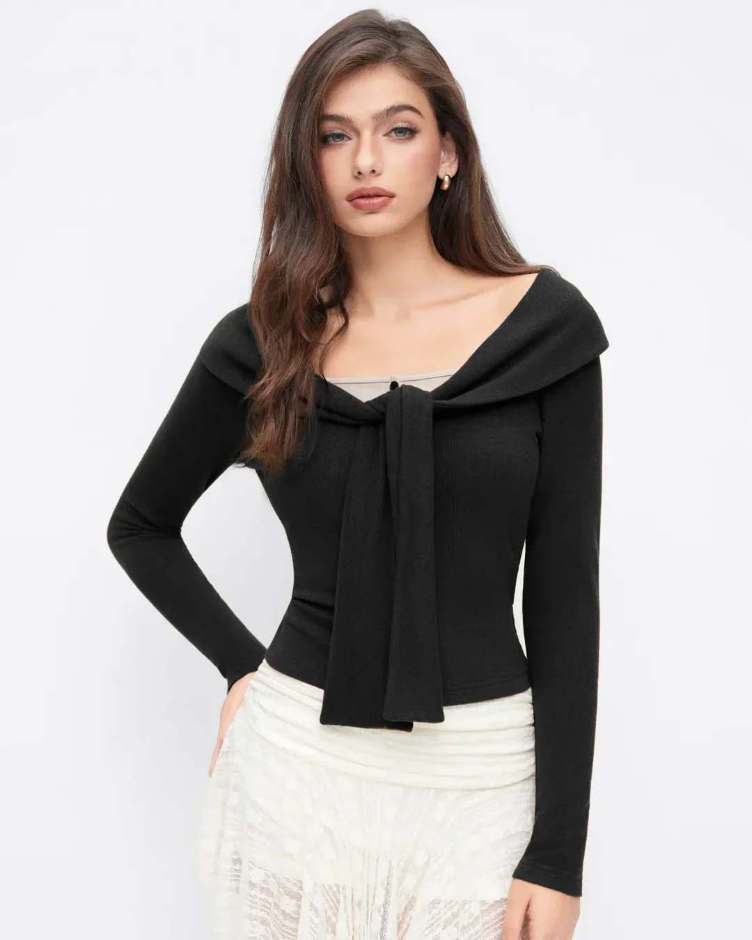 Off-Shoulder Slim Fit Straight Hem Solid Long Sleeve Crop Top in Black - Image 3