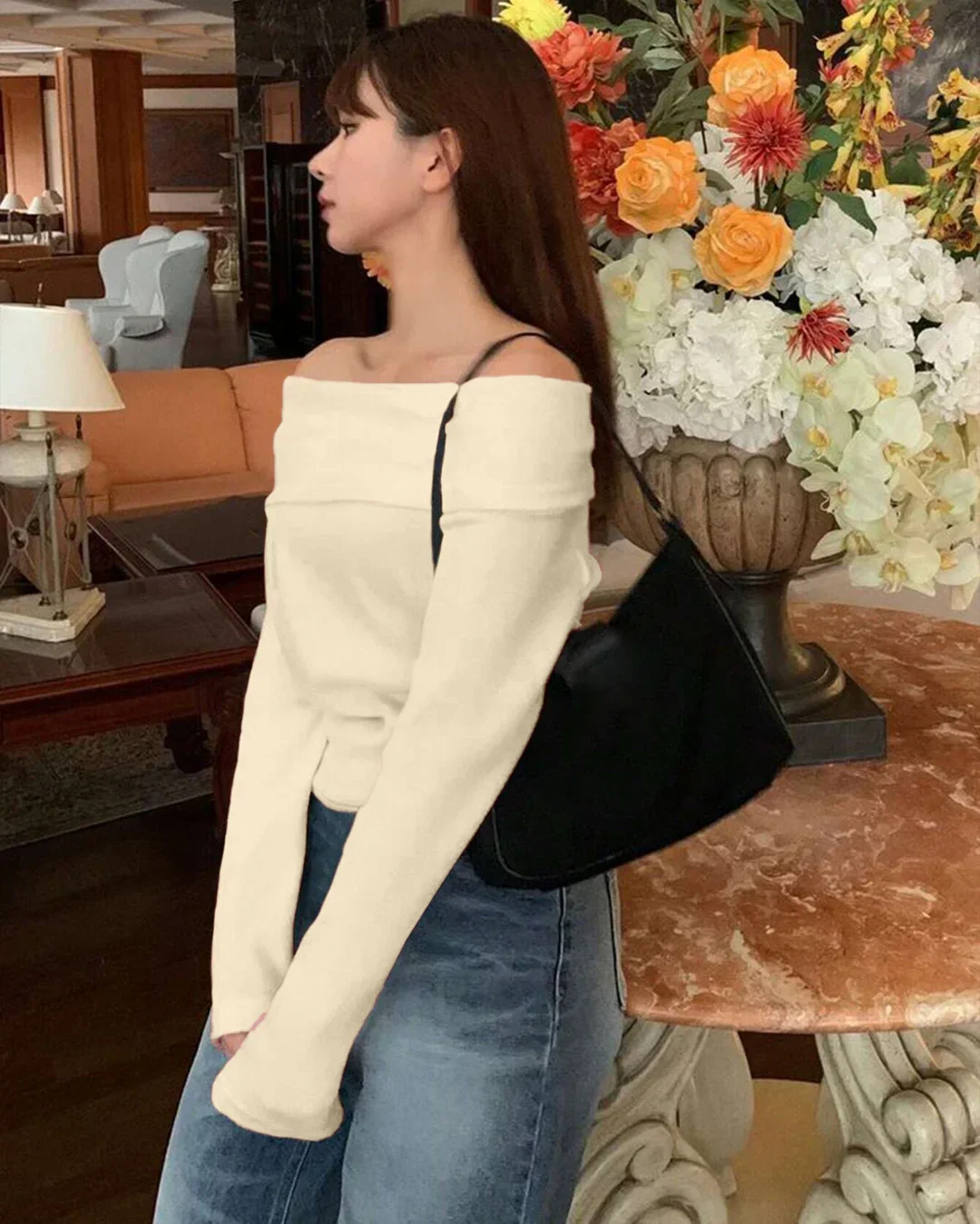 Off-Shoulder Slim-Fit Straight Hem Solid Long Sleeve Cropped Top in Beige - Image 2