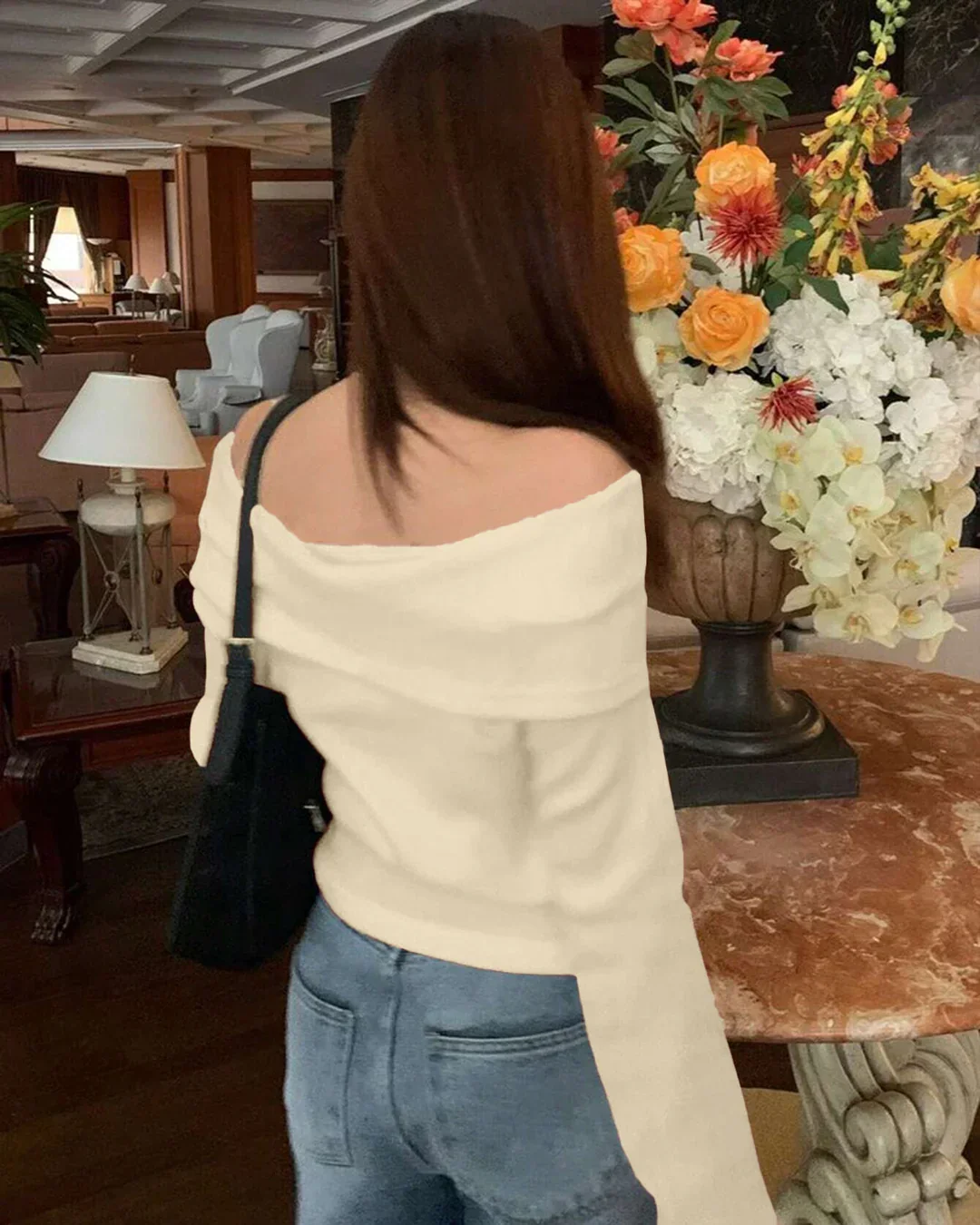 Off-Shoulder Slim-Fit Straight Hem Solid Long Sleeve Cropped Top in Beige - Image 3