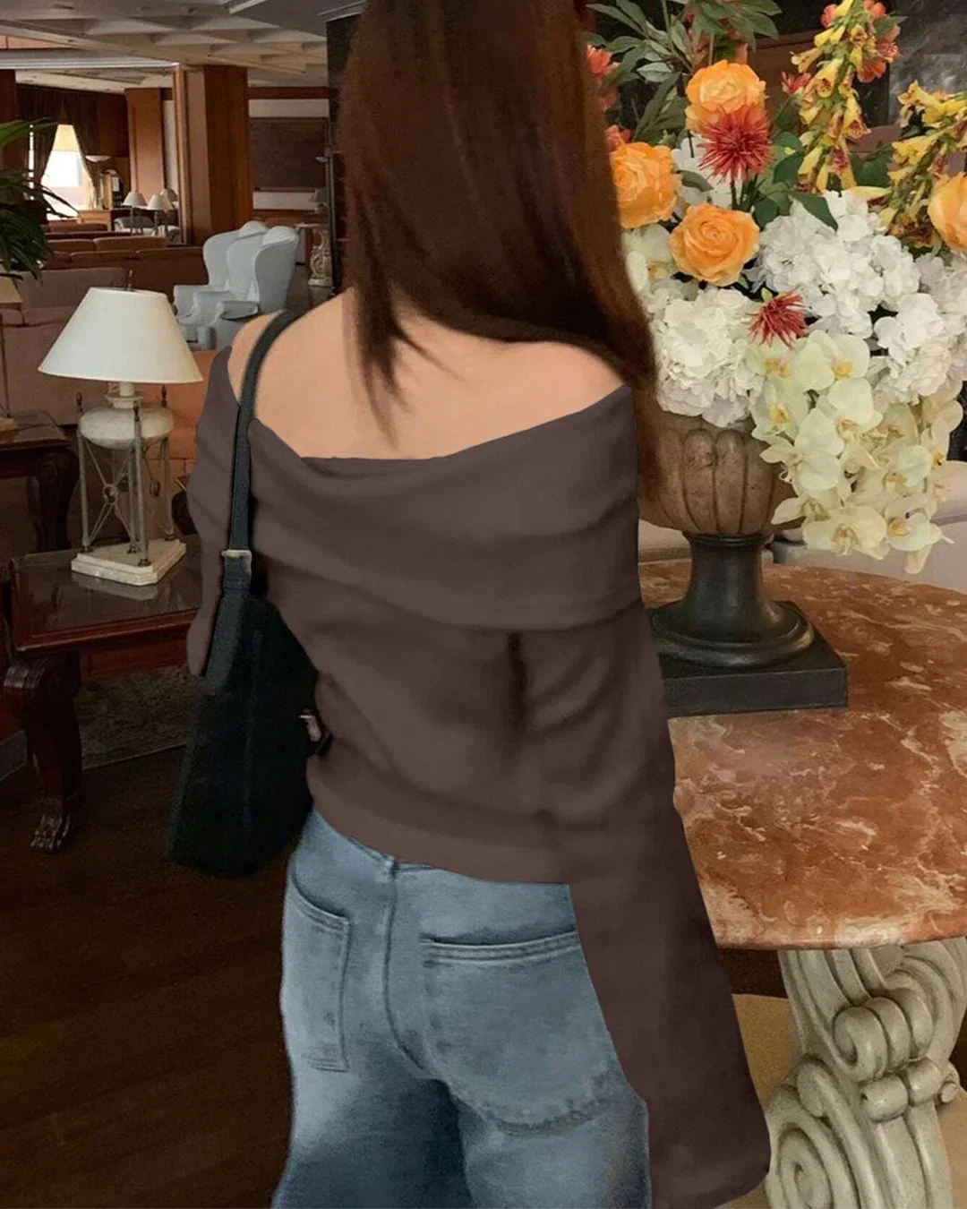 Off-Shoulder Slim-Fit Straight Hem Solid Long Sleeve Cropped Top in Chocolate - Image 2