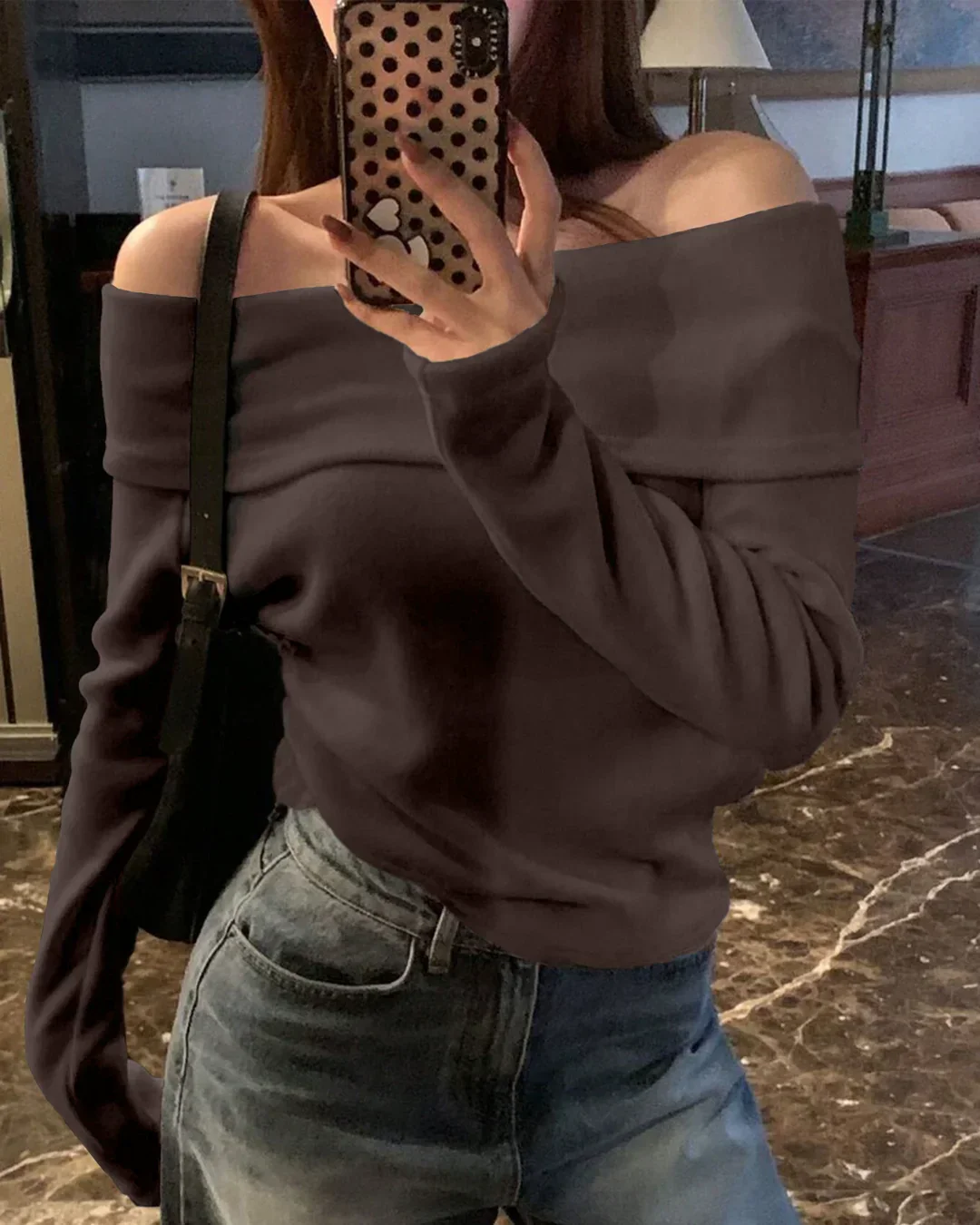 Off-Shoulder Slim-Fit Straight Hem Solid Long Sleeve Cropped Top in Chocolate - Image 3