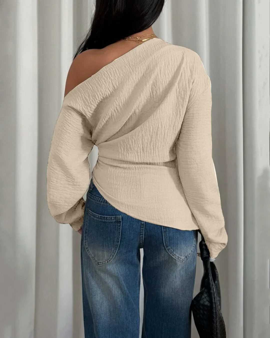 Off-Shoulder Solid Color Asymmetrical Neck Top in Beige - Image 3