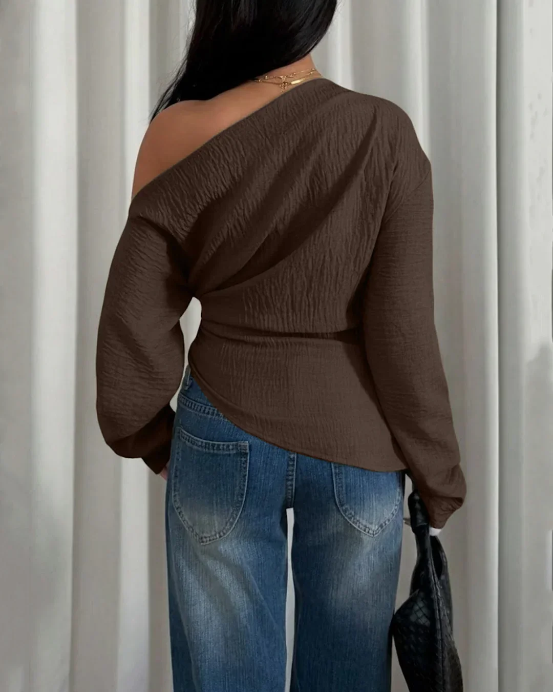 Party Off Shoulder Long Sleeve Fitted Top in Brown - Image 3