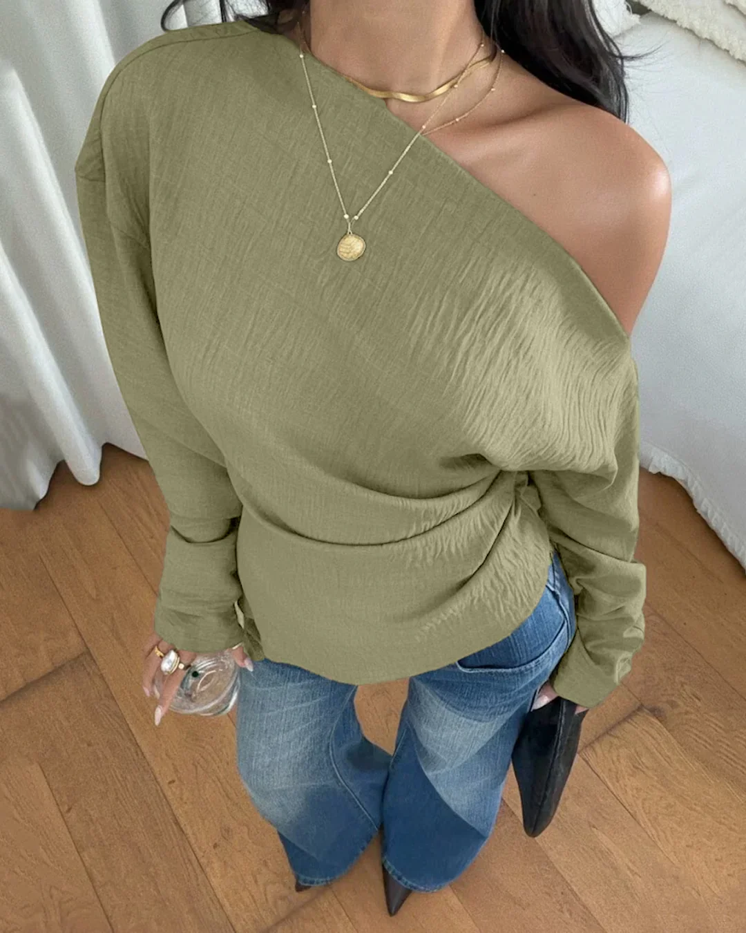 Off-Shoulder Solid Color Asymmetrical Neck Top in Herbal - Image 2