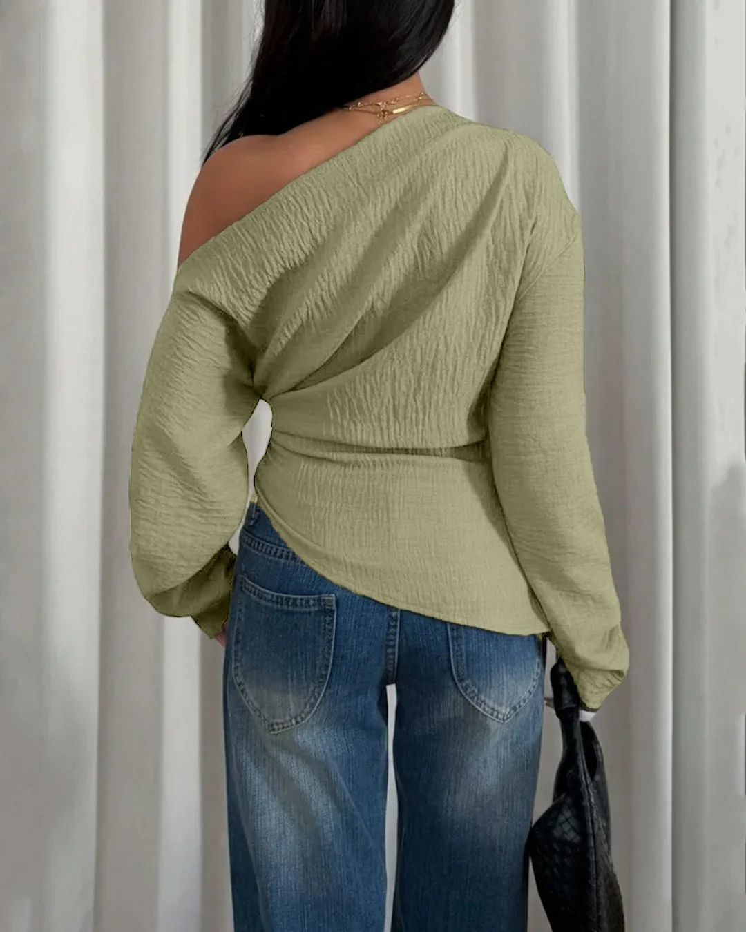 Off-Shoulder Solid Color Asymmetrical Neck Top in Herbal - Image 3
