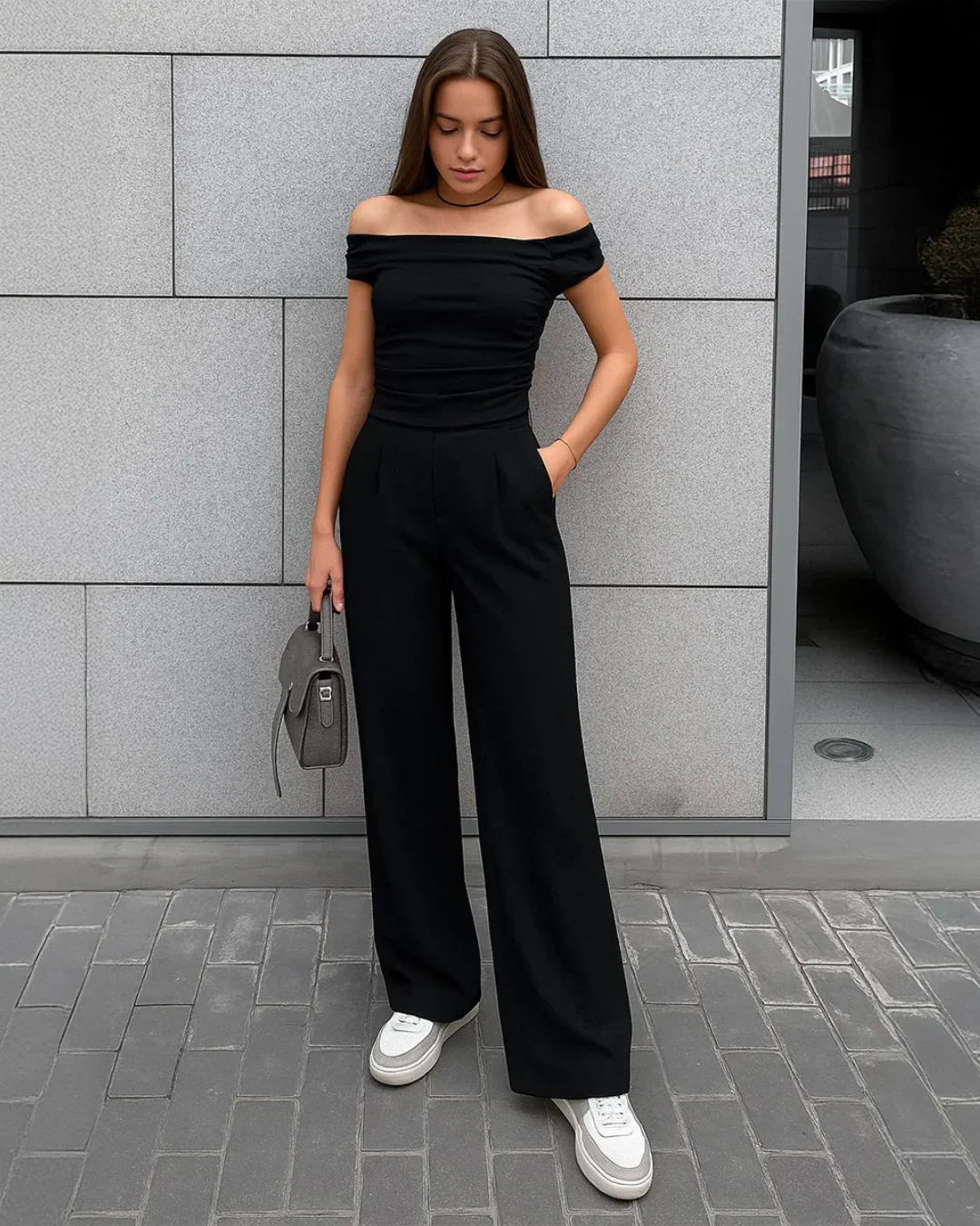 Off-shoulder Solid Texture Ruched Top With Mid Rise Solid Texture Straight Leg Trousers In Black - Image 2