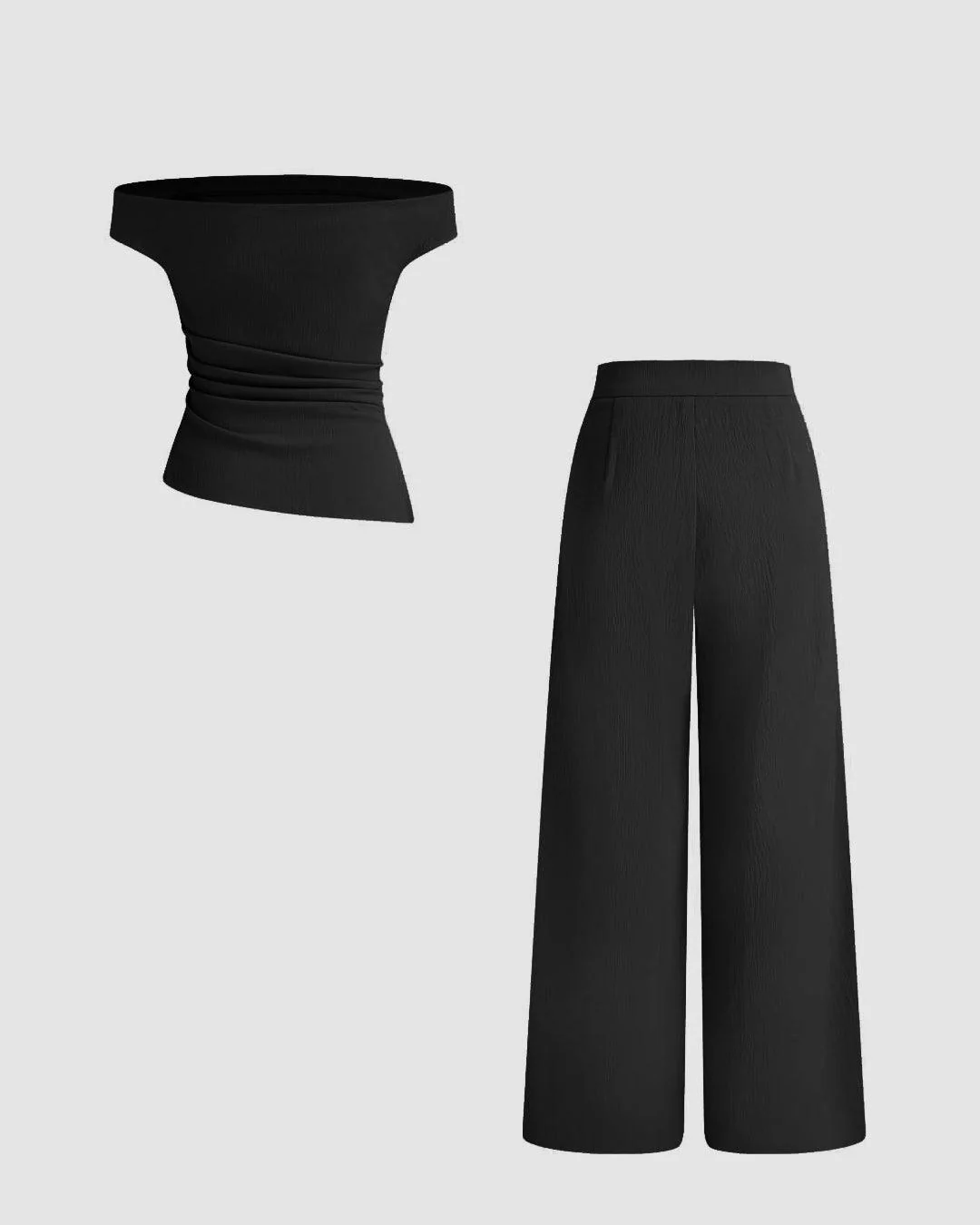 Off-shoulder Solid Texture Ruched Top With Mid Rise Solid Texture Straight Leg Trousers In Black - Image 3