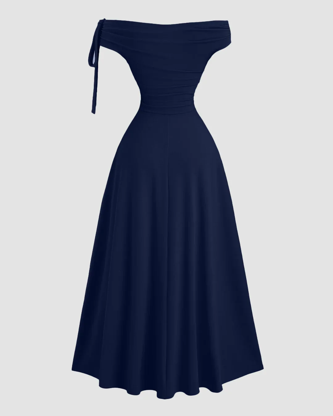 Off Shoulder Tie Up Fitted Long Dress in Navy Blue - Image 2
