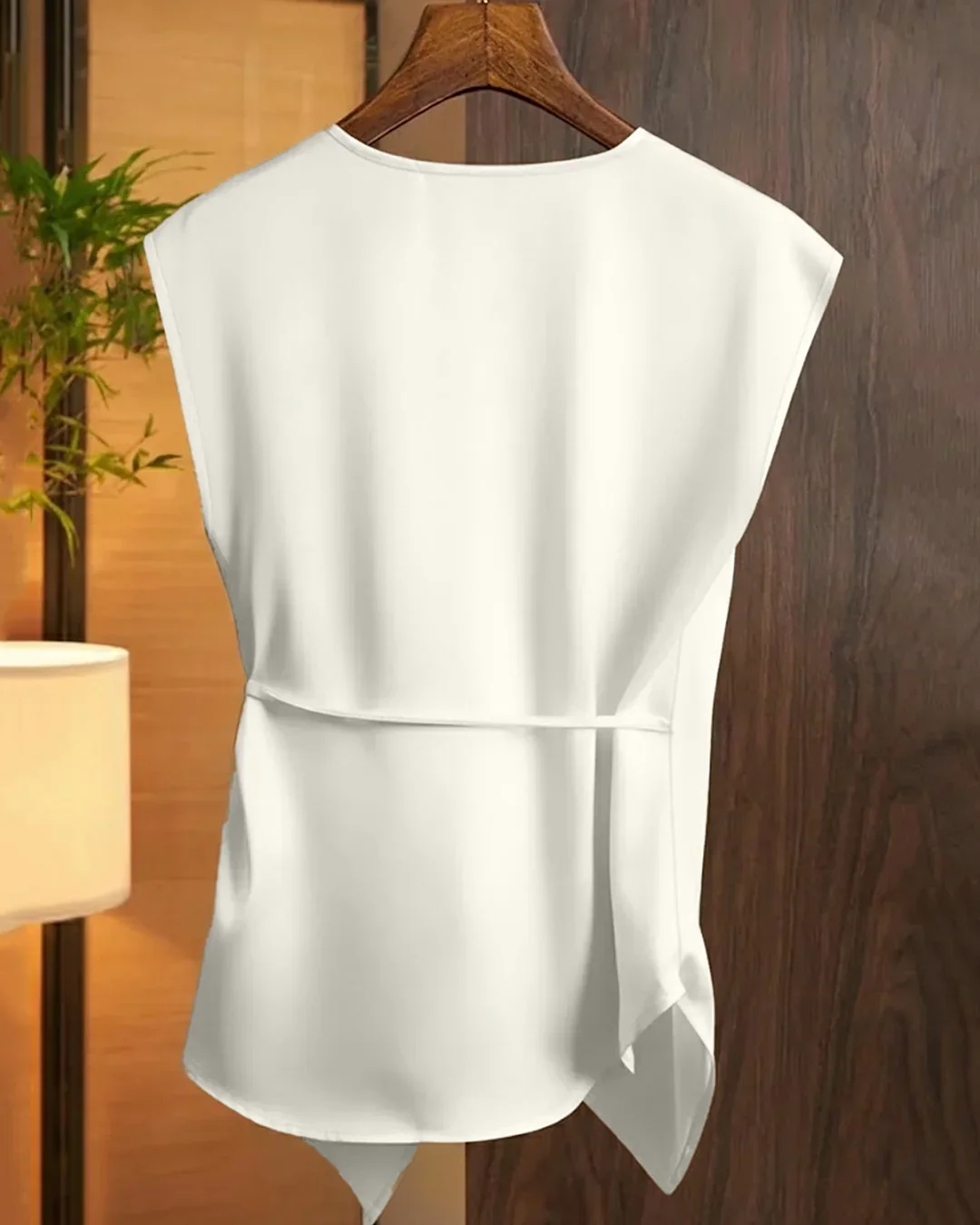 Off-White Solid Color Deep V-Neck Twist Knot Asymmetrical Top - Image 2