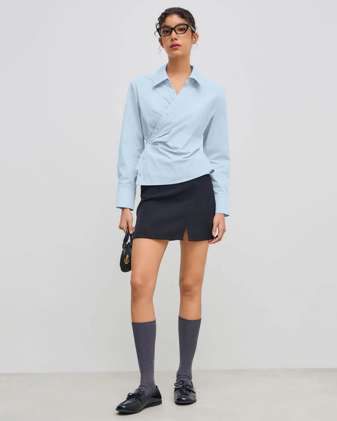 Office Chic Ruched Side Collared Shirt In Sky Blue - Image 2