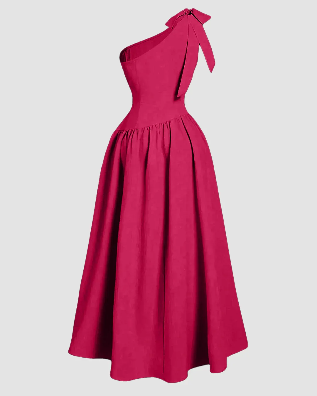 One-Shoulder Bow Fit & Flare Midi Dress in Hot Pink - Image 2