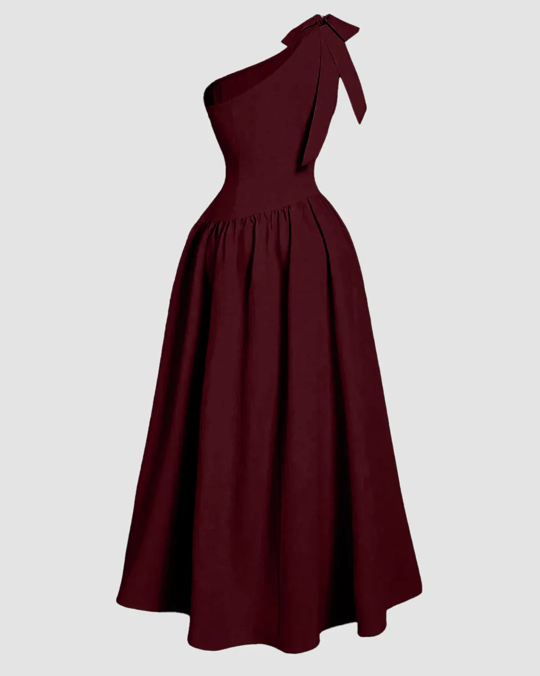 One-Shoulder Bow Fit & Flare Midi Dress in Maroon - Image 2