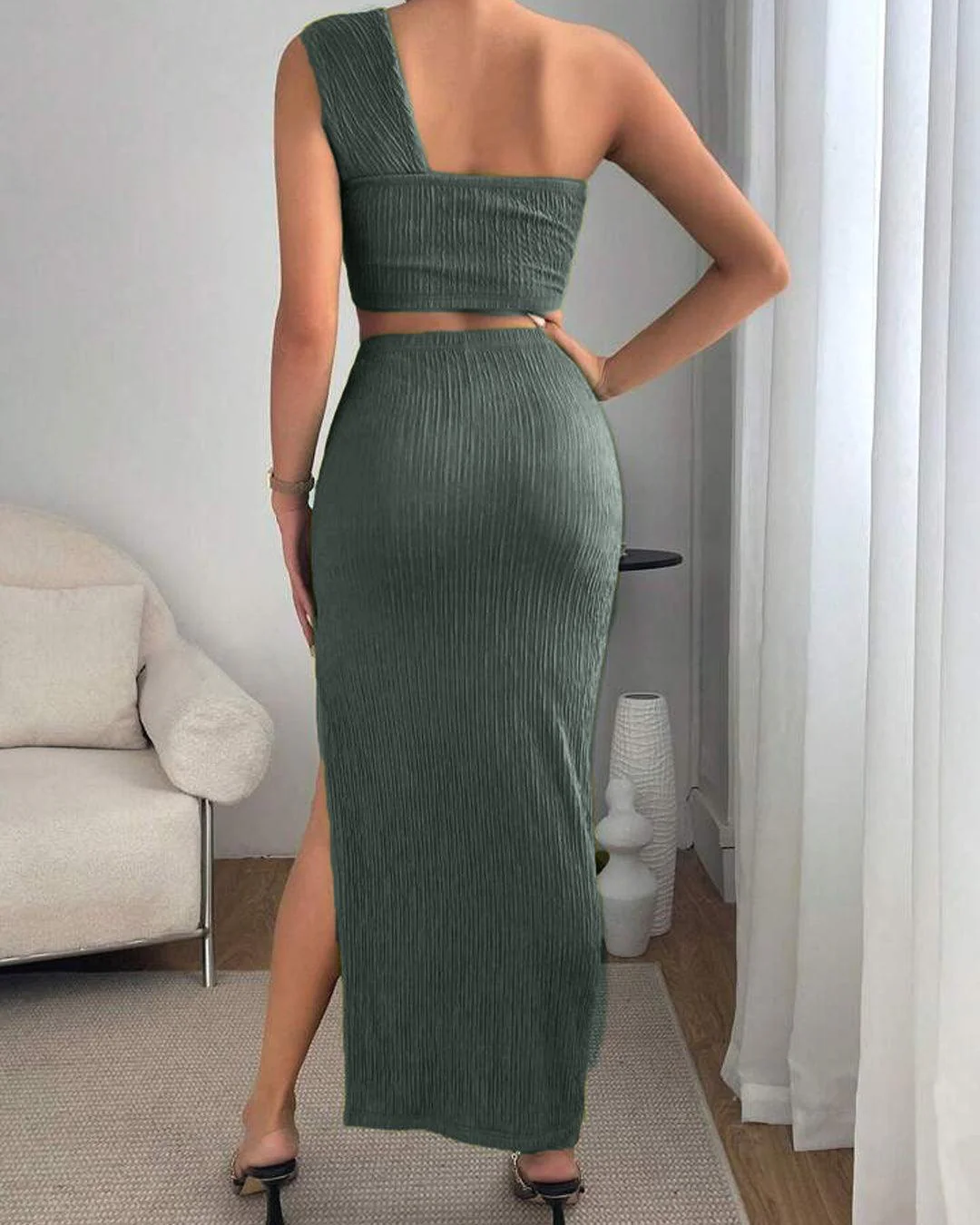 One Shoulder Crop Top & Split Thigh Skirt In Olive Green - Image 3