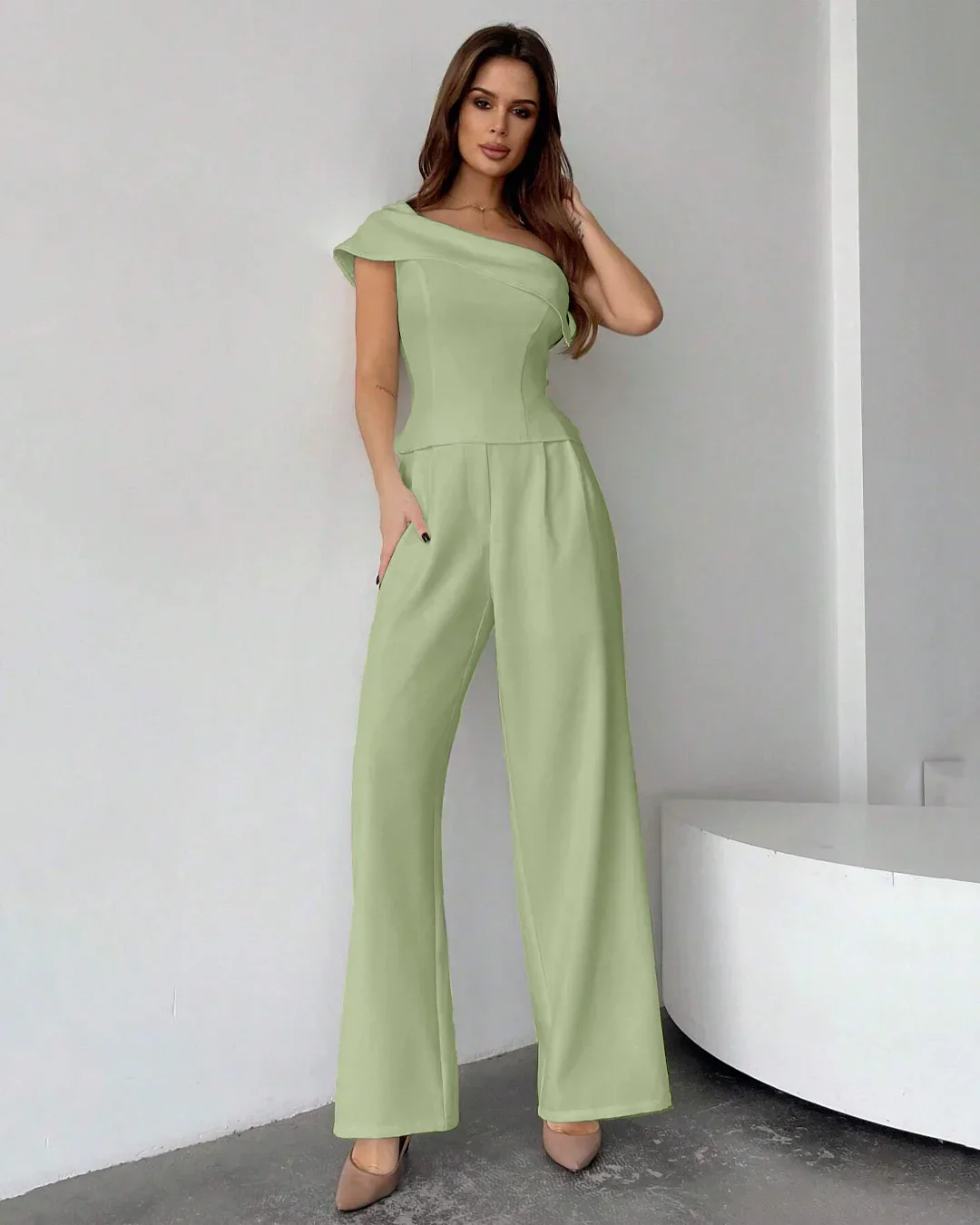 One-Shoulder Draped Top & Wide-Leg Trouser Co-ord in Light Pista - Image 2