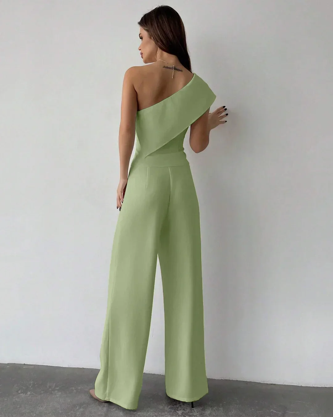 One-Shoulder Draped Top & Wide-Leg Trouser Co-ord in Light Pista - Image 3