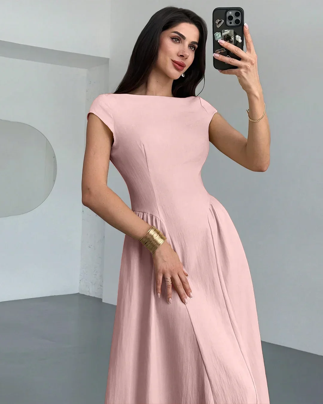 Pink Flare Dress with Boat Neck in Powder Pink - Image 2