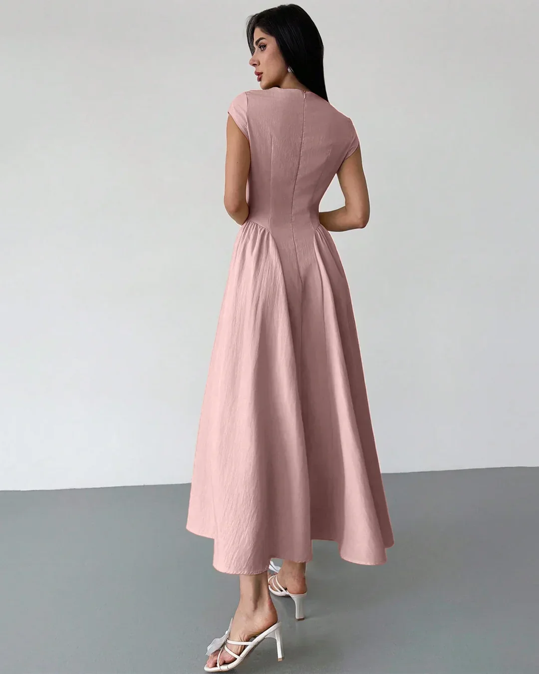Pink Flare Dress with Boat Neck in Powder Pink - Image 3