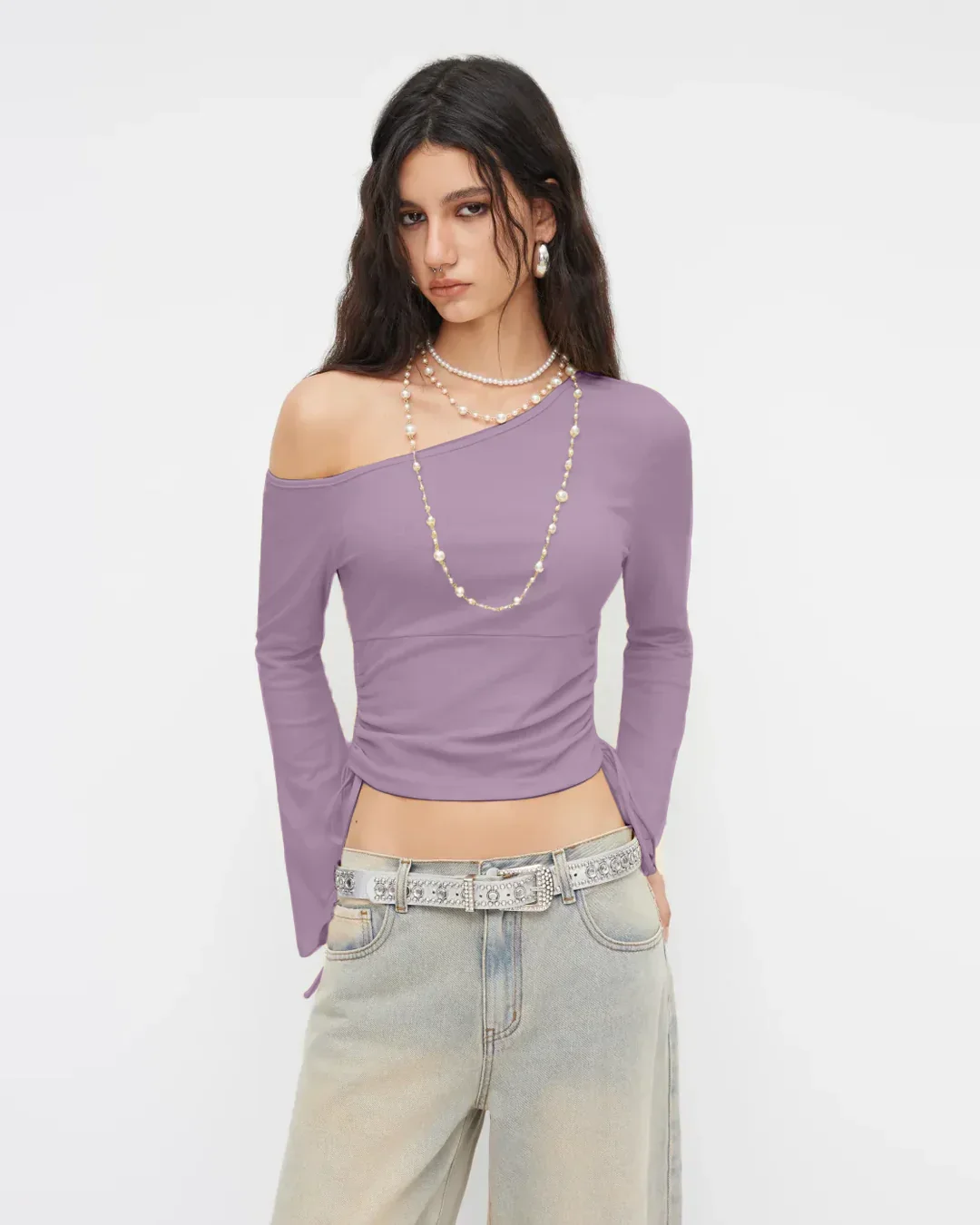 One Shoulder Ruched Asymmetric Full Sleeve Top in Lilac - Image 3