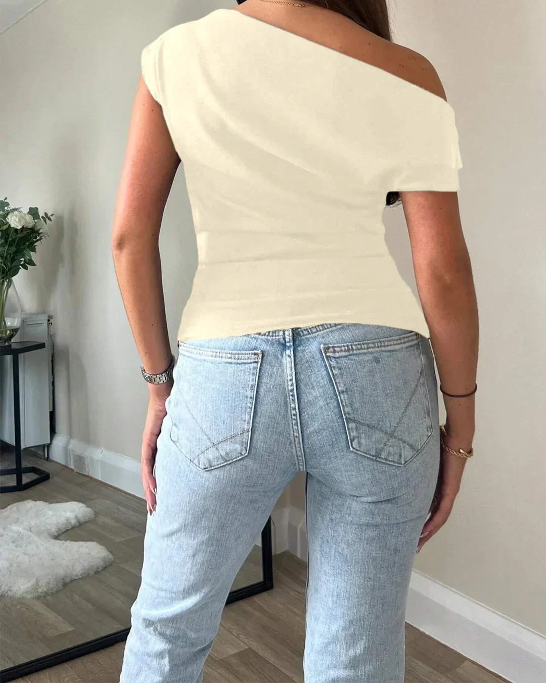 One Shoulder Ruched Asymmetrical Top in Beige - Image 3