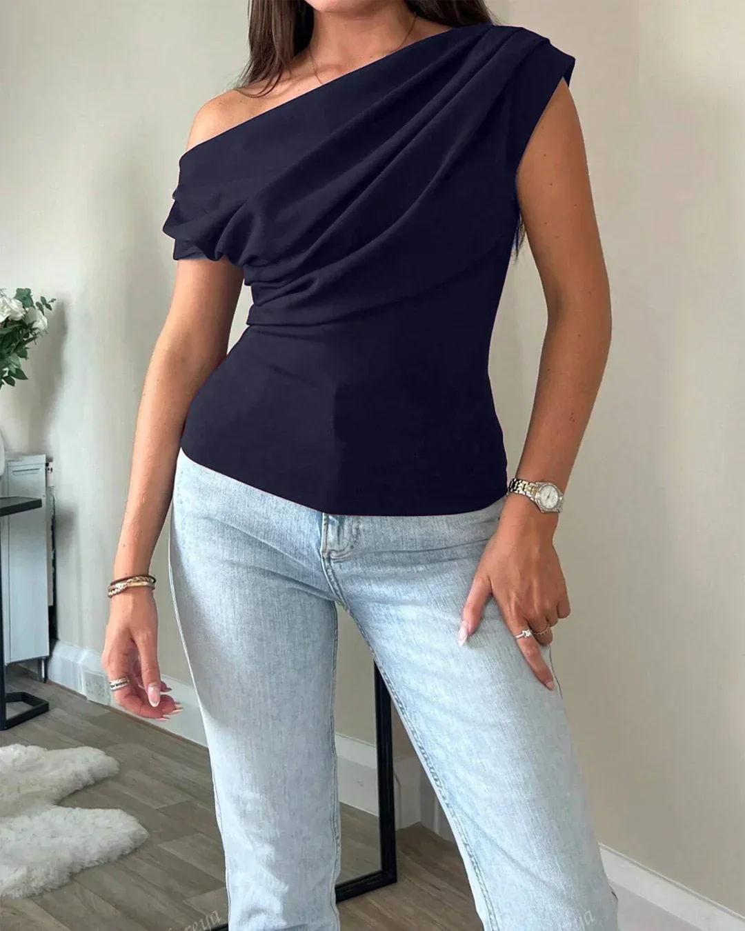 One Shoulder Ruched Asymmetrical Top in Dark Navy Blue - Image 3