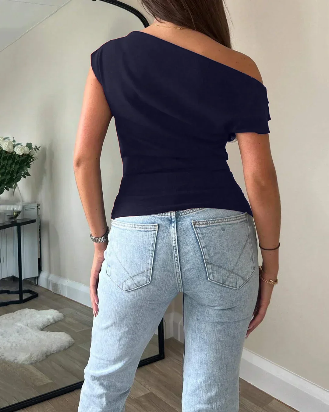 One Shoulder Ruched Asymmetrical Top in Dark Navy Blue - Image 4