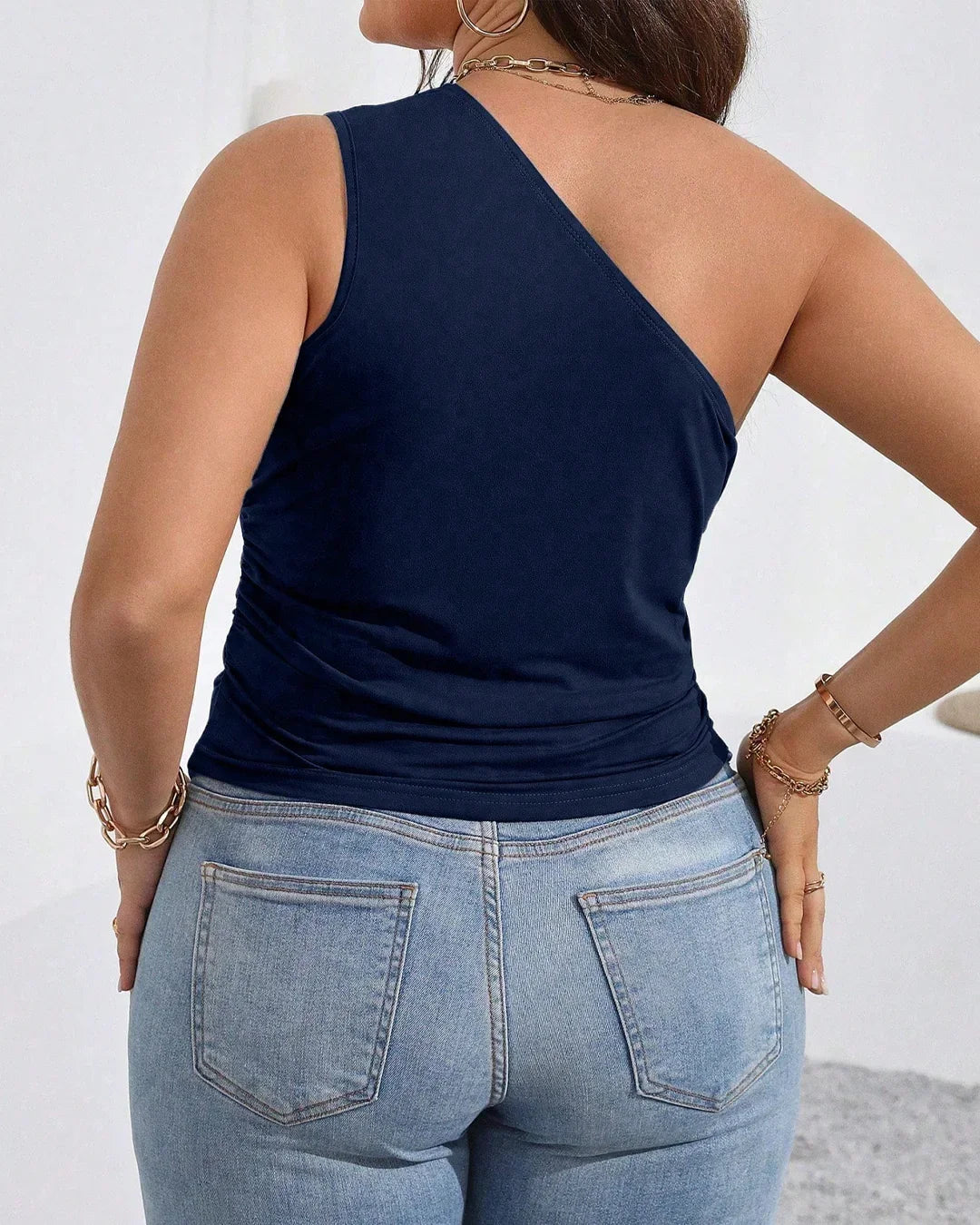 One Shoulder Ruched Asymmetrical Top in Navy Blue - Image 3