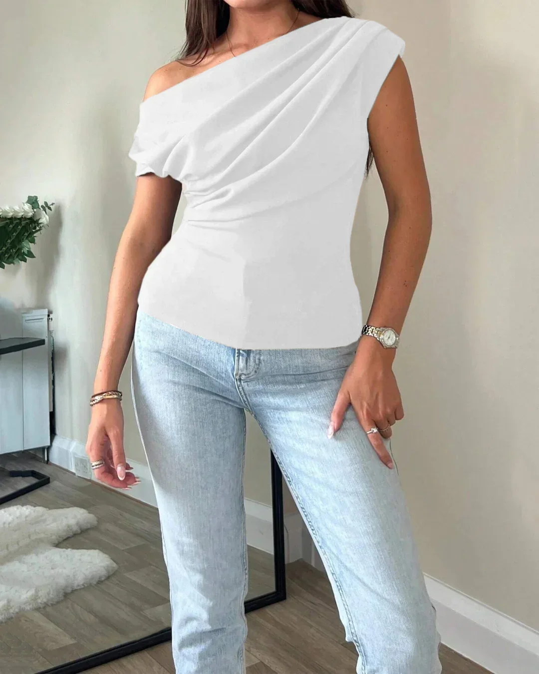 One Shoulder Ruched Asymmetrical Top in White - Image 2